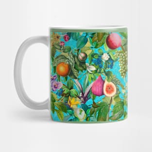 Vibrant tropical floral leaves and fruits floral illustration, botanical pattern, blue fruit pattern over a Mug